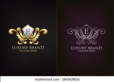 Golden Emblem Letter  E Luxury Decoration Initial Logo Icon, Elegance Ornate Emblem Deco Logo Design Template
