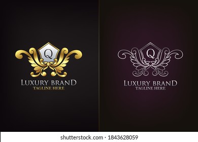 Golden Emblem Letter Q Luxury Decoration Initial Logo Icon, Elegance Ornate Emblem Deco Logo Design Template