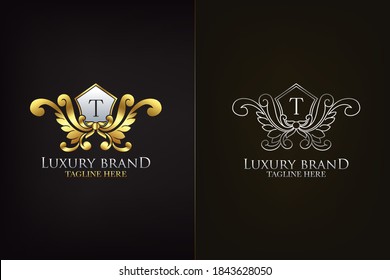 Golden Emblem Letter T Luxury Decoration Initial Logo Icon, Elegance Ornate Emblem Deco Logo Design Template