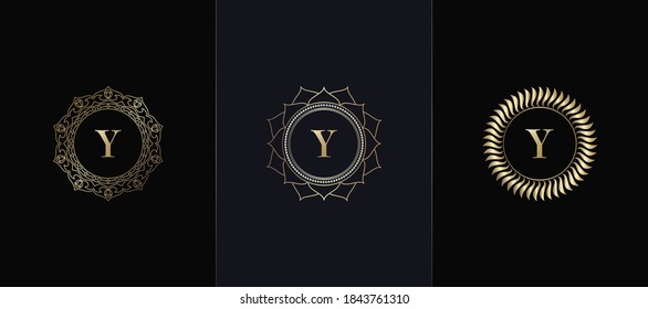 Golden Emblem Letter Y Luxury Decorative Initial Logo Icon, Elegance Set Gold Ornate Emblem Deco Vector Design.