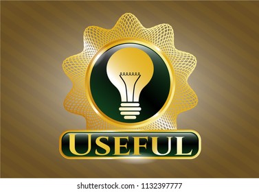 Golden emblem with light bulb icon and Useful text inside