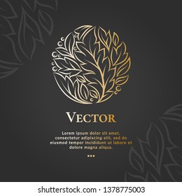 Golden emblem with a linear leaf ornament in a circle shape. Can be used as monogram and logo. Luxury vintage vector template with elegant elements. Great for wallpaper or background decoration.