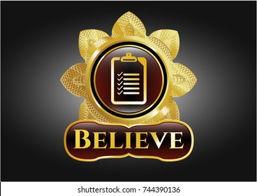  Golden emblem with list icon and Believe text inside