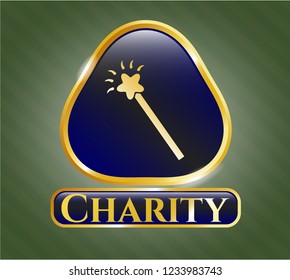  Golden emblem with magic stick icon and Charity text inside