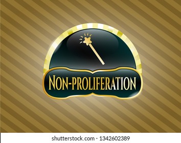  Golden emblem with magic stick icon and Non-proliferation text inside