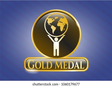  Golden emblem with man lifting world icon and Gold Medal text inside