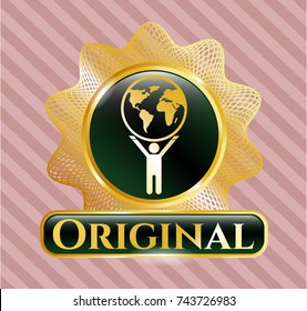  Golden emblem with man lifting world icon and Original text inside