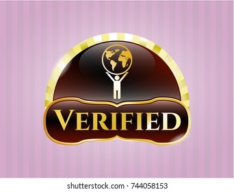  Golden emblem with man lifting world icon and Verified text inside