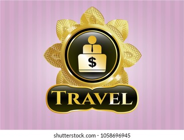     Golden emblem with man working on computer icon and Travel text inside