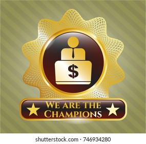  Golden emblem with man working on computer icon and We are the Champions text inside