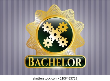   Golden emblem with mechanism icon and Bachelor text inside