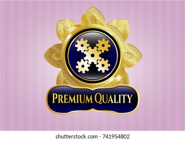  Golden emblem with mechanism icon and Premium Quality text inside