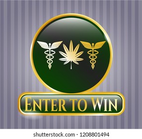  Golden emblem with medicinal weed icon and Enter to Win text inside