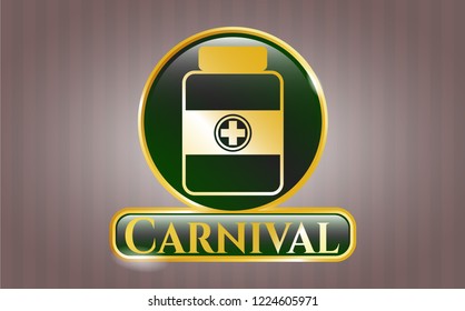  Golden emblem with medicine bottle icon and Carnival text inside