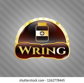  Golden emblem with medicine bottle icon and Wring text inside