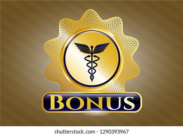  Golden emblem with medicine icon and Bonus text inside