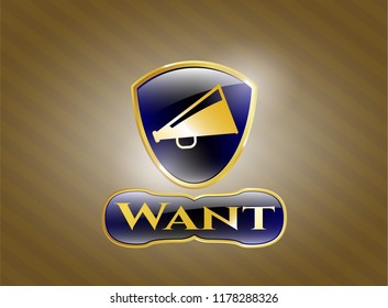  Golden emblem with megaphone icon and Want text inside