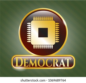  Golden emblem with microchip, microprocessor icon and Democrat text inside