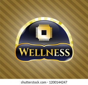  Golden emblem with microchip, microprocessor icon and Wellness text inside