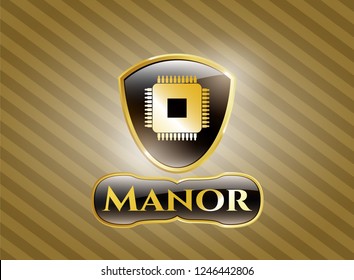  Golden emblem with microchip, microprocessor icon and Manor text inside