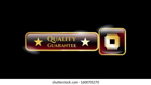  Golden Emblem With Microchip, Microprocessor Icon And Quality Guarantee Text Inside