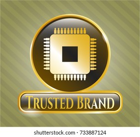  Golden emblem with microchip, microprocessor icon and Trusted Brand text inside