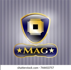  Golden emblem with microchip, microprocessor icon and Mag text inside