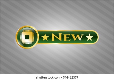  Golden emblem with microchip, microprocessor icon and New text inside