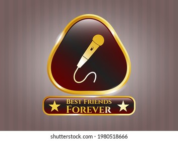 Golden emblem with microphone icon and Best Friends Forever text inside