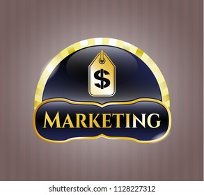  Golden emblem with money tag icon and Marketing text inside