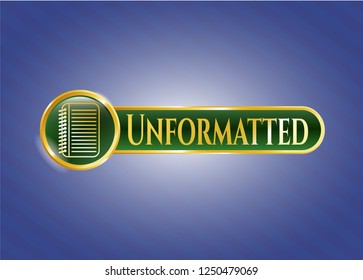  Golden emblem with note book icon and Unformatted text inside
