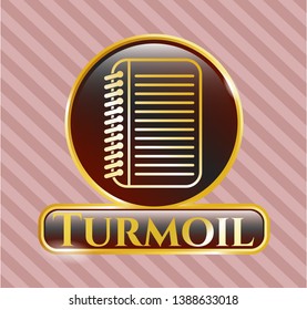  Golden emblem with note book icon and Turmoil text inside