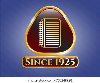  Golden emblem with note book icon and Since 1925 text inside