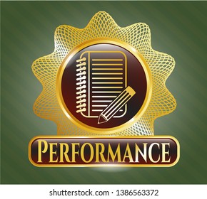  Golden emblem with notebook with pencil icon and Performance text inside