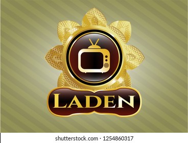  Golden emblem with old tv, television icon and Laden text inside