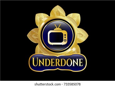  Golden emblem with old tv, television icon and Underdone text inside
