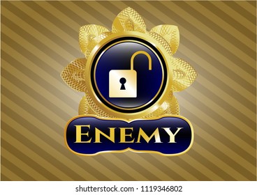  Golden emblem with open lock icon and Enemy text inside