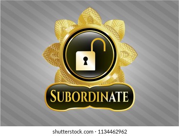  Golden emblem with open lock icon and Subordinate text inside
