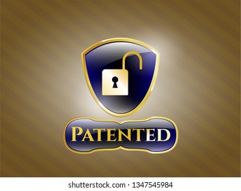  Golden emblem with open lock icon and Patented text inside