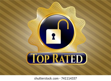  Golden emblem with open lock icon and Top Rated text inside