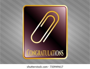  Golden emblem with paper clip icon and Congratulations text inside