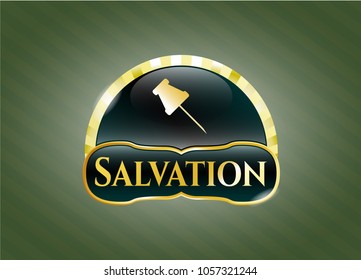  Golden emblem with paper pin icon and Salvation text inside