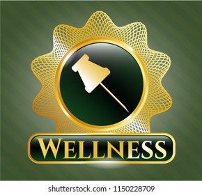  Golden emblem with paper pin icon and Wellness text inside