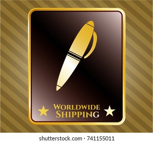  Golden emblem with pen icon and Worldwide Shipping text inside