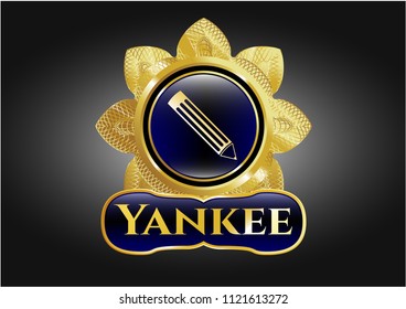 Golden emblem with pencil icon and Yankee text inside