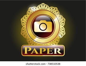  Golden emblem with photo camera icon and Paper text inside