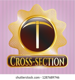  Golden emblem with pickaxe icon and Cross-section text inside