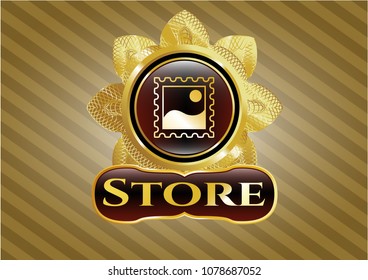   Golden emblem with picture icon and Store text inside