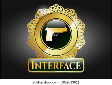  Golden emblem with pistol icon and Interface text inside