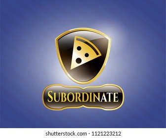  Golden emblem with pizza slice icon and Subordinate text inside